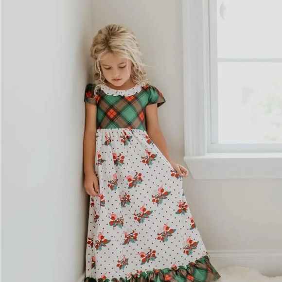 OOPSIE DAISY maxi cotton twirl Plaid and Floral Christmas holiday Girls Dress 10 - Picture 1 of 9